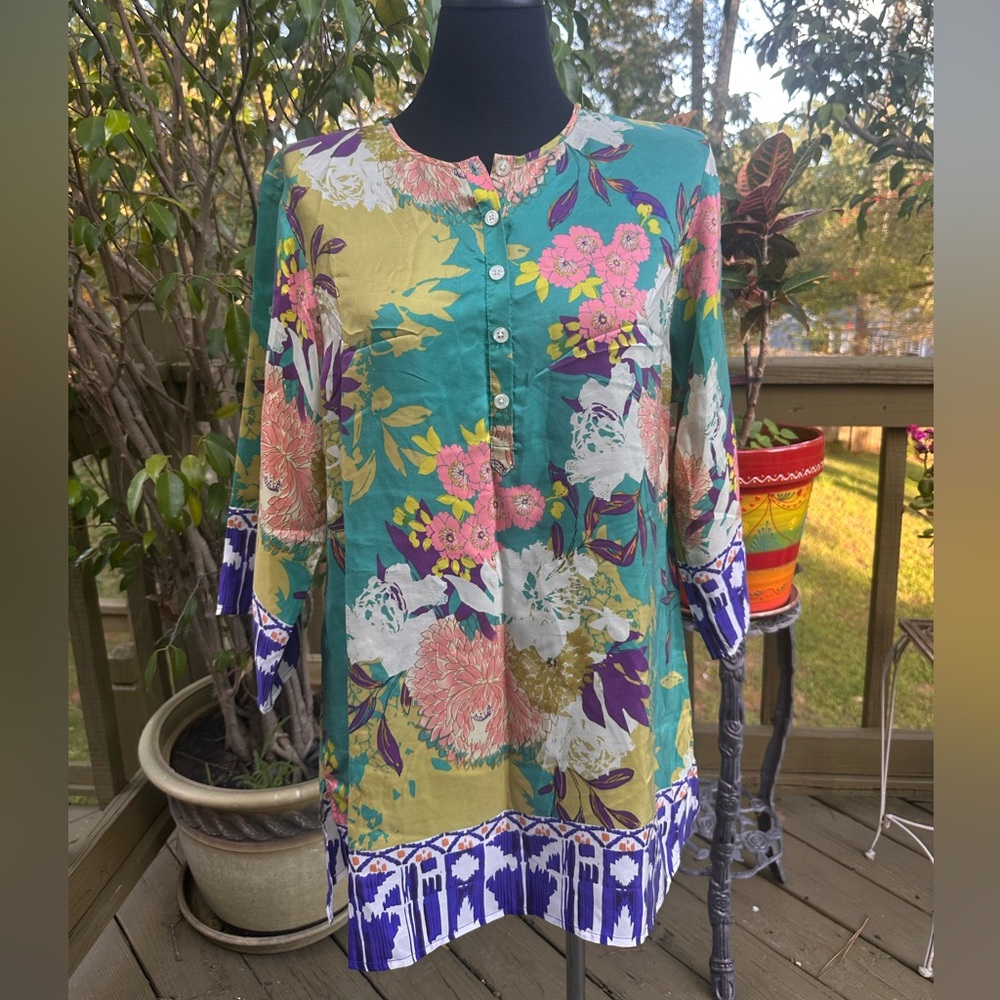 CAbi Green and Yellow Graphic Blouse with Mandarin Collar